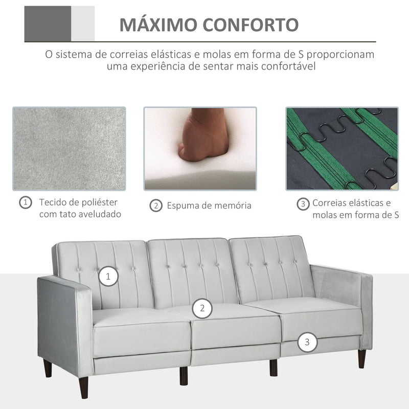 Sofá Cama com Chaise Longue de 3 Lugares Tato Aveludado com Encosto Ajustável e Apoio para os Pés Móvel 218x85x86cm Cinza