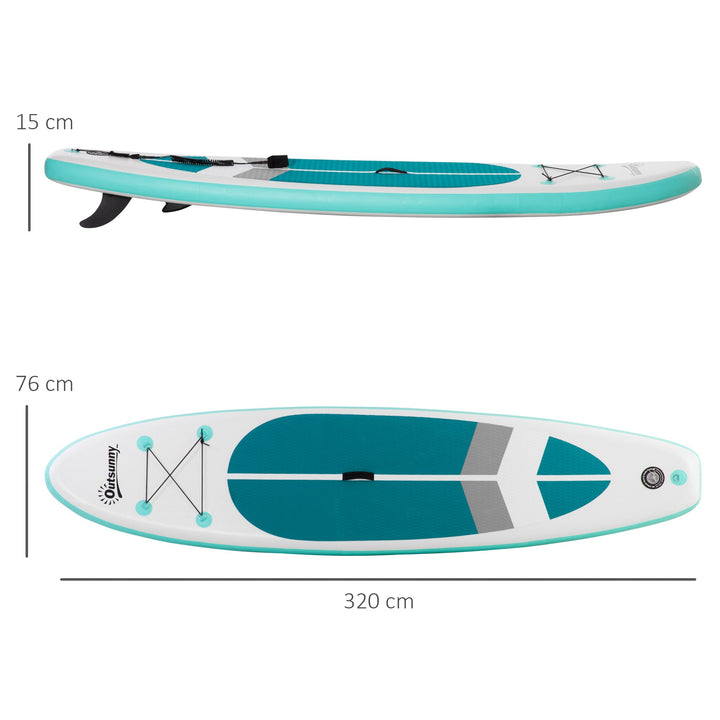 Prancha de Paddle Surf Inflável 320x76x15cm Dobrável com Remo de Alumínio Ajustável Desmontável Bolsa de Transporte e Acessórios Branco e Turquesa