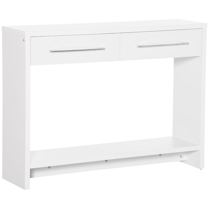 Mesa Consola com 2 Gavetas e Prateleira de Armazenamento Móvel de Entrada para Corredor Sala de Estar Estilo Moderno Anti-Rolamento Carga Máxima 50kg 101,6x28x76,2cm Branco