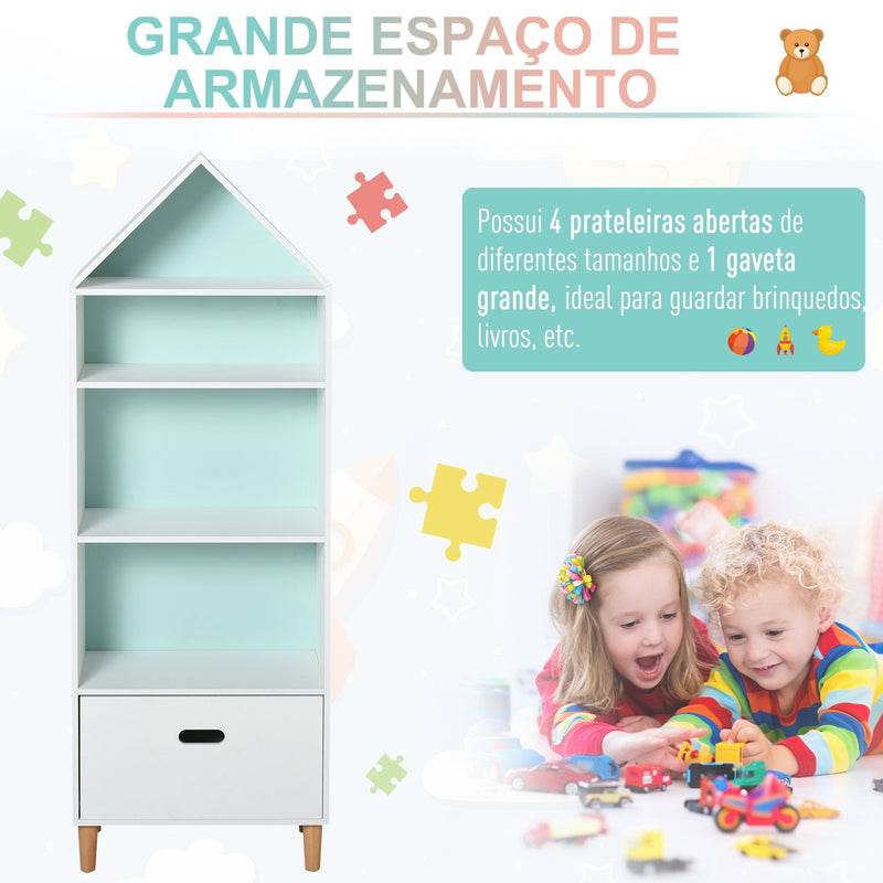 Estante Infantil de madeira com 4 prateleiras 1 gaveta compacta 50x30x142 cm Branco