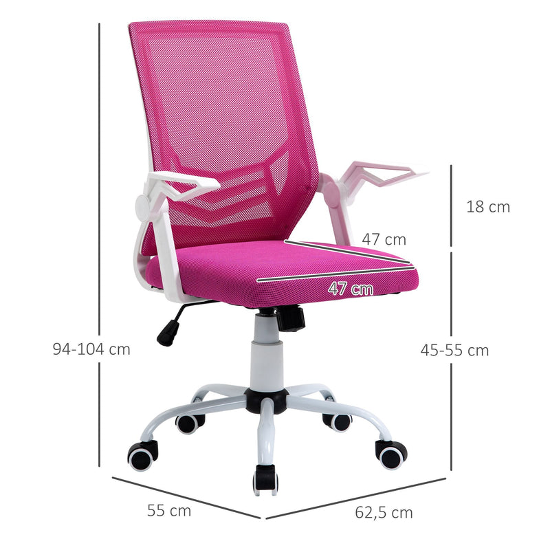 Cadeira de Escritório Ergonômica Giratória com Altura Ajustável Apoio para os Braços Dobrável Suporte Lombar e Encosto Transpirável 62,5x55x94-104cm Rosa