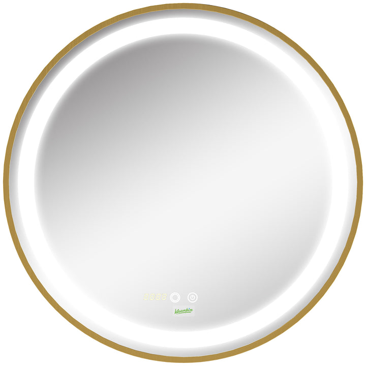 Espelho Casa de Banho com Luz LED Ø60x4cm Espelho Redondo com Interruptor Tátil 3 Luzes Ajustáveis Visualização de Temperatura e Hora Função de Memória Estrutura de Alumínio Dourado