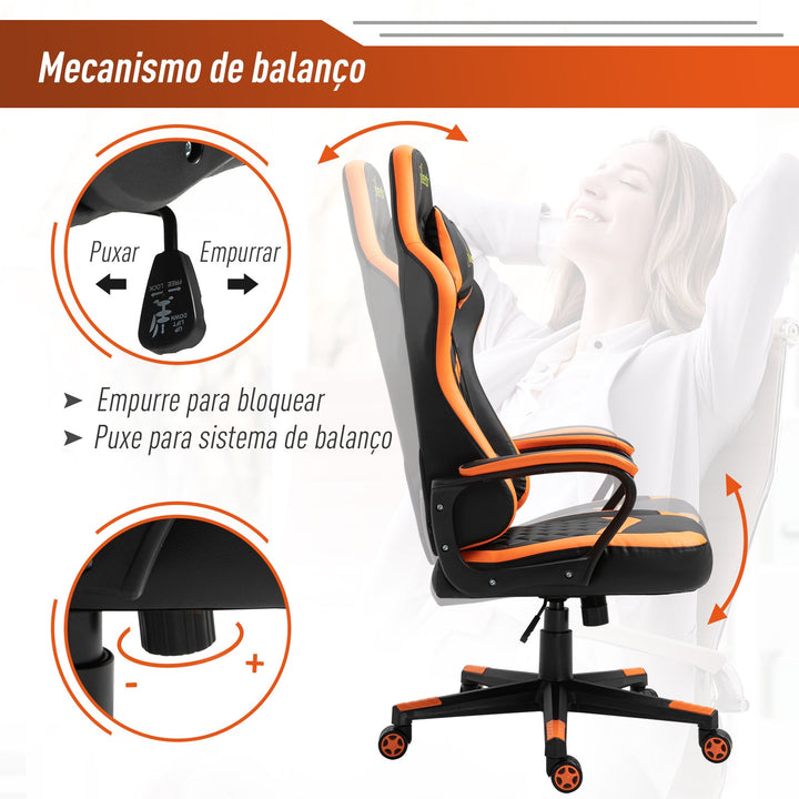 Cadeira gaming para escritório Ergonômico Altura ajustável basculante com apoio de cabeça e almofada lombar 61x70x121-129 cm laranja