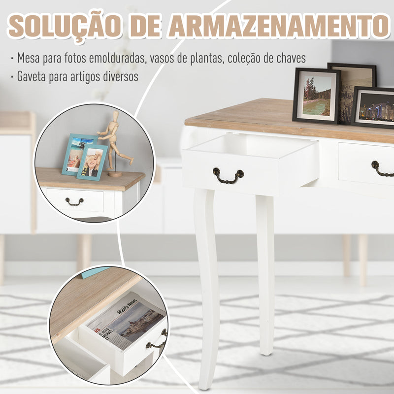 Mesa consola tipo aparador para corredor com desenho retrô com 2 gavetas Pinho 87x34x78,5 cm Branco