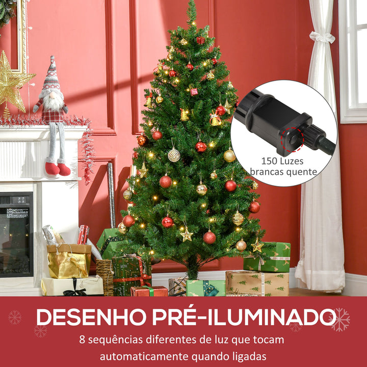 Árvore de Natal Artificial Altura 150cm Ignífugo com 502 Ramos 150 Luzes LED IPX2 8 Modos Folhas de PVC Base Dobrável e Suporte Metálico Decoração de Natal para Interiores Verde