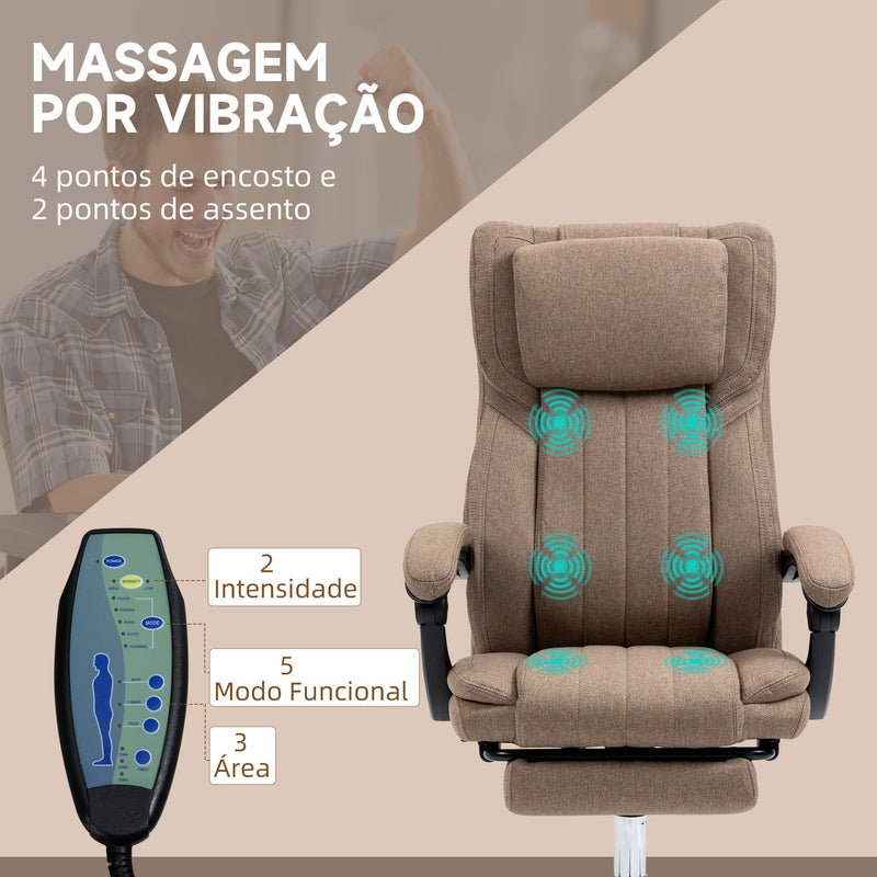 Cadeira de Escritório com 6 Pontos de Massagem por Vibração Cadeira de Escritório Reclinável com Altura Ajustável Controlo Remoto Encosto Alto e Apoio para a Cabeça 65x61x101-113 cm Marrom