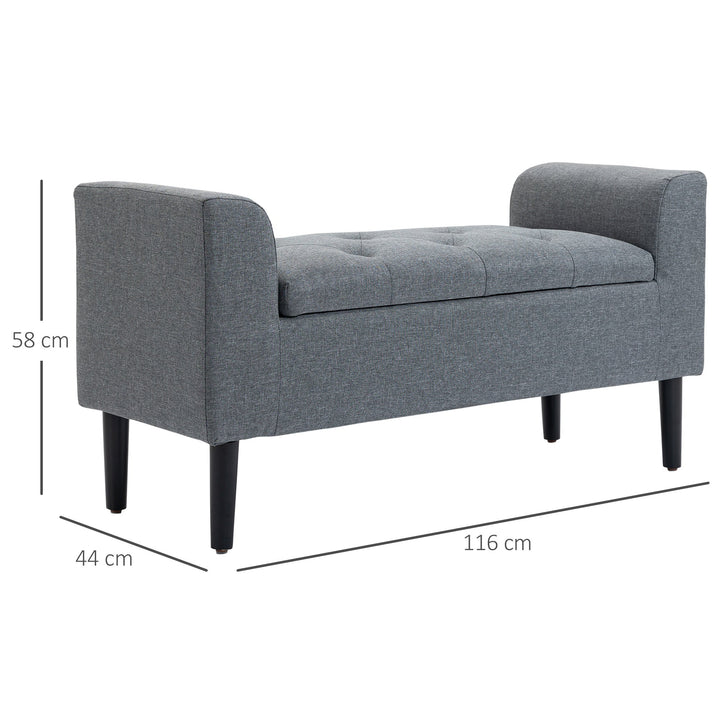 Banco para Pé de Cama Acolchoado com Espaço de Armazenamento Banco Multifuncional com Braços Tampa e Pés de Madeira para Dormitórios Sala de Estar 116x44x58 cm Cinza