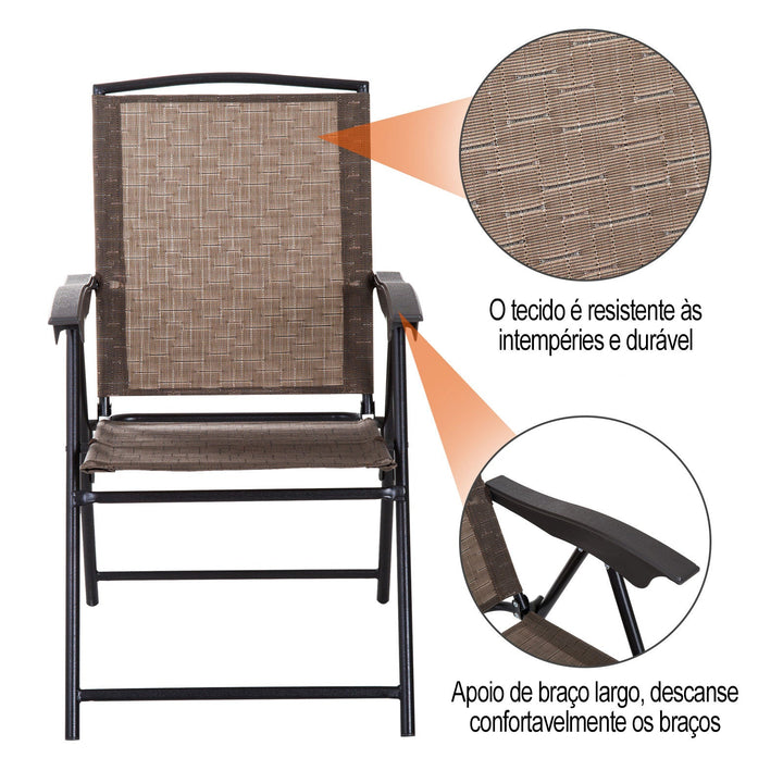 Conjunto de Mesa e 2 Cadeiras Cadeira Dobrável Encosto Reclináveis a 4 Níveis Armação de Aço Marrom