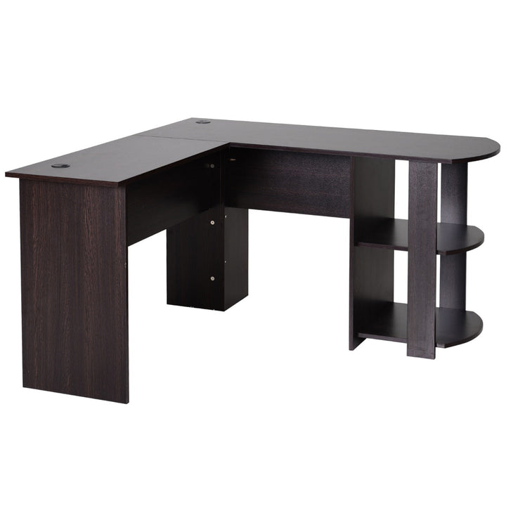 Mesa de Computador PC Escritório para Oficina Casa Tipo Esquineira Forma L com Estantes - Marrom Escuro - 136,2x130,4x72cm
