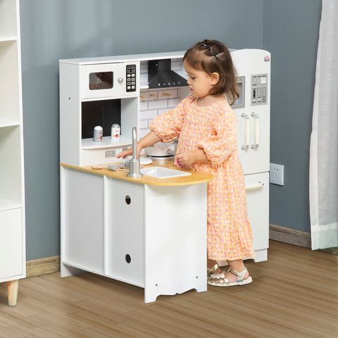 Cozinha Infantil de Madeira para Crianças acima de 3 Anos com Sons 14 Acessórios Cozinha Infantil com Telefone Lavatório Microondas e Grifo 82x65x87cm Branco