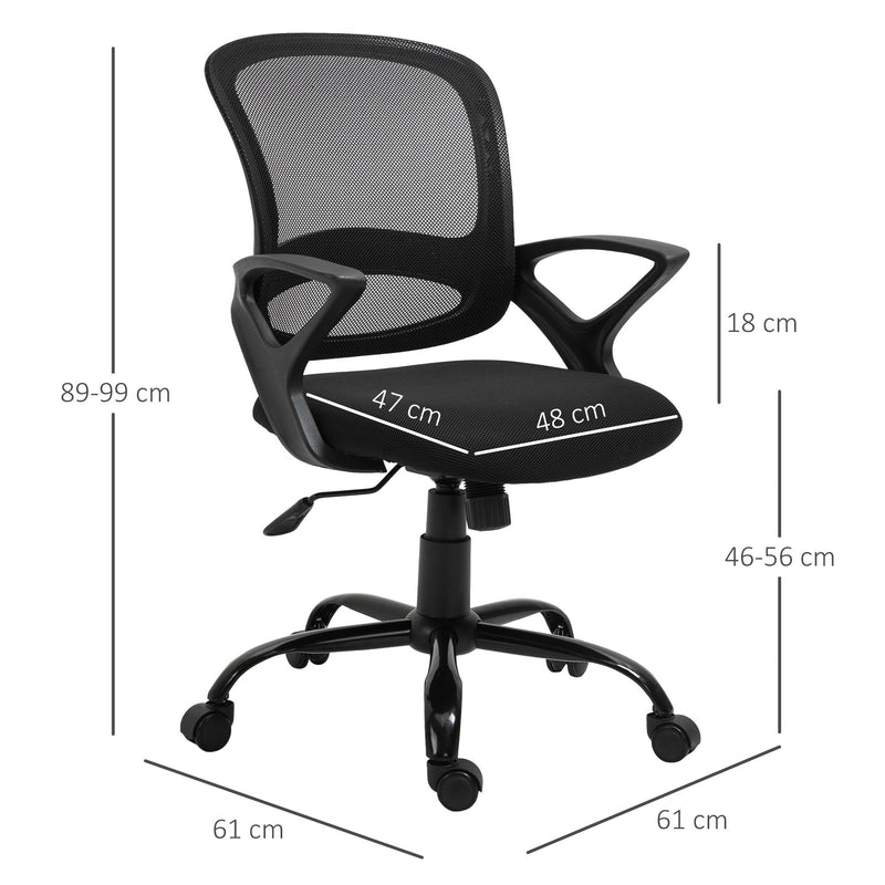 Cadeira de Oficina Ergonômica Basculante com Altura Ajustável Assento Giratório 360° Suporte e Lombar Malha Transpirável 61x61x89-99cm Preto