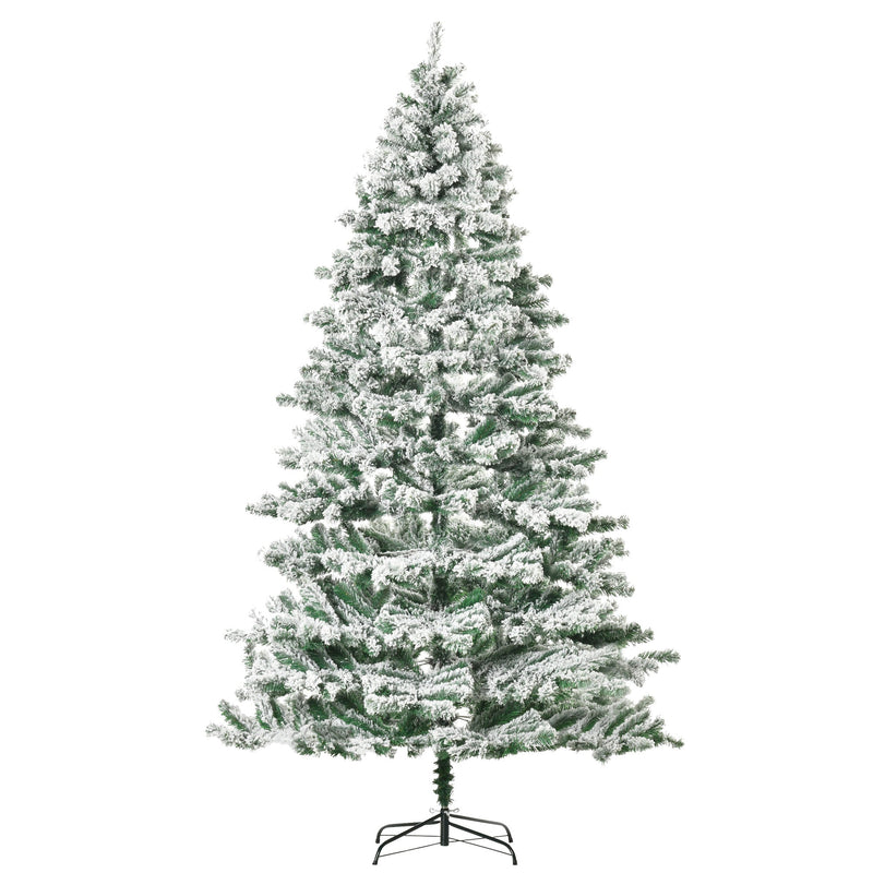 Árvore de Natal Ø140x225cm Neve Artificial com 1083 Pontas de PVC Base Dobrável e Suporte de Metal Decoração de Natal para Interiores Verde e Branco