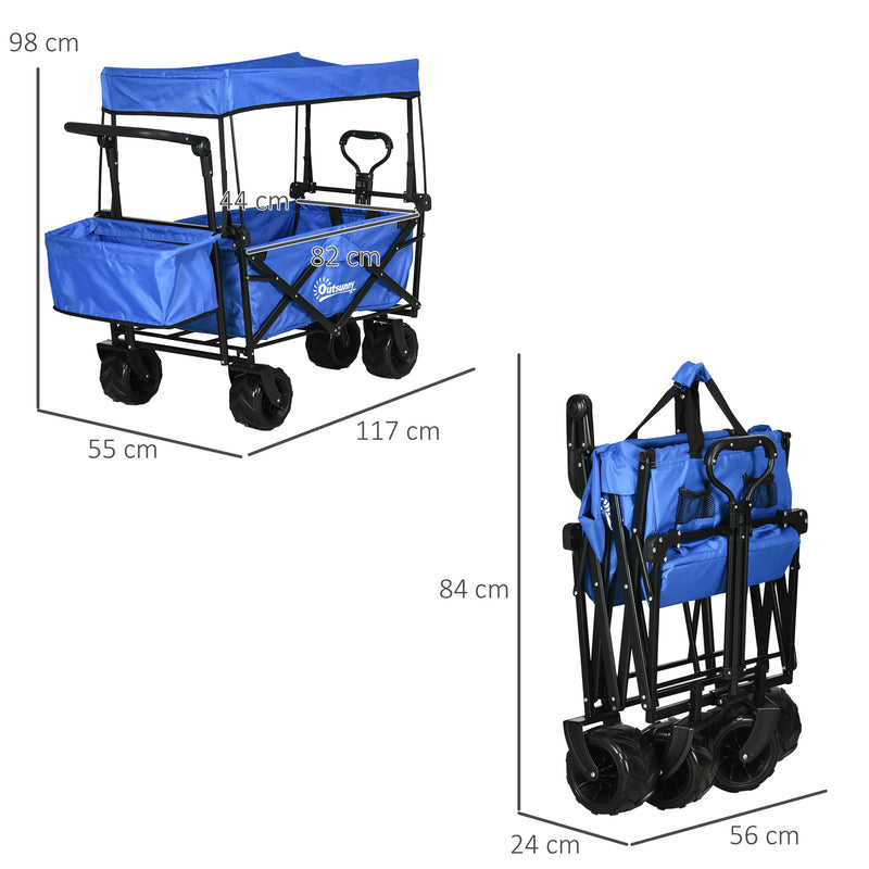 Carrinho de Transporte Dobrável para Praia Campismo Viajem com Toldo Guiador Rodas Altura Ajustável Carga Máxima 68kg 117x55x98 cm Azul