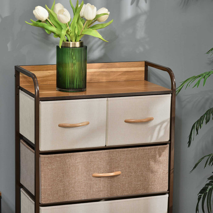 Cómoda de Tecido com 5 Cestos Removíveis e Dobráveis Base Elevada Móvel de Armazenamento para Dormitório Sala de Estar 58x29x99cm Multicor