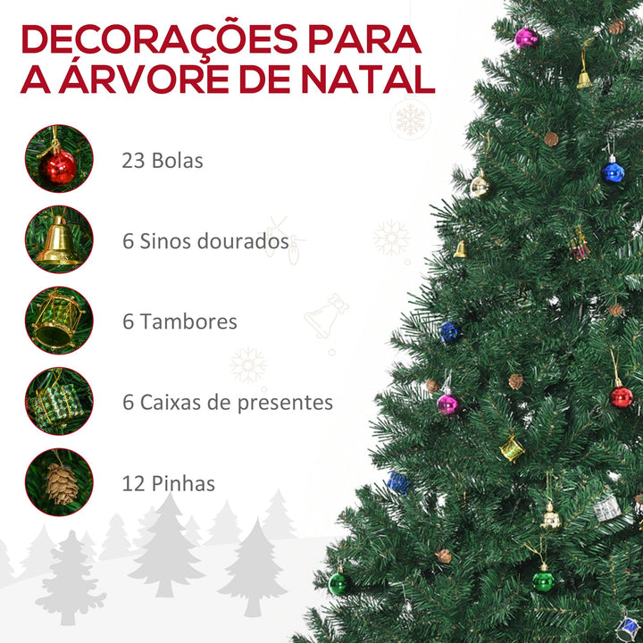 Árvore de Natal Artificial 210cm Ignífugo com 1036 Ramos 53 Decorações Folhas de PVC e Suporte Metálico Decoração de Natal para Interior Verde