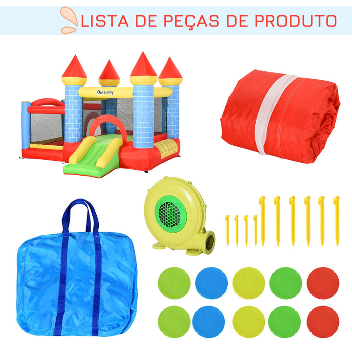Castelo inflável infantil com escorrega cama de salto insuflador e bolsa de transporte para interior e exterior 300x275x210 cm Multicolor