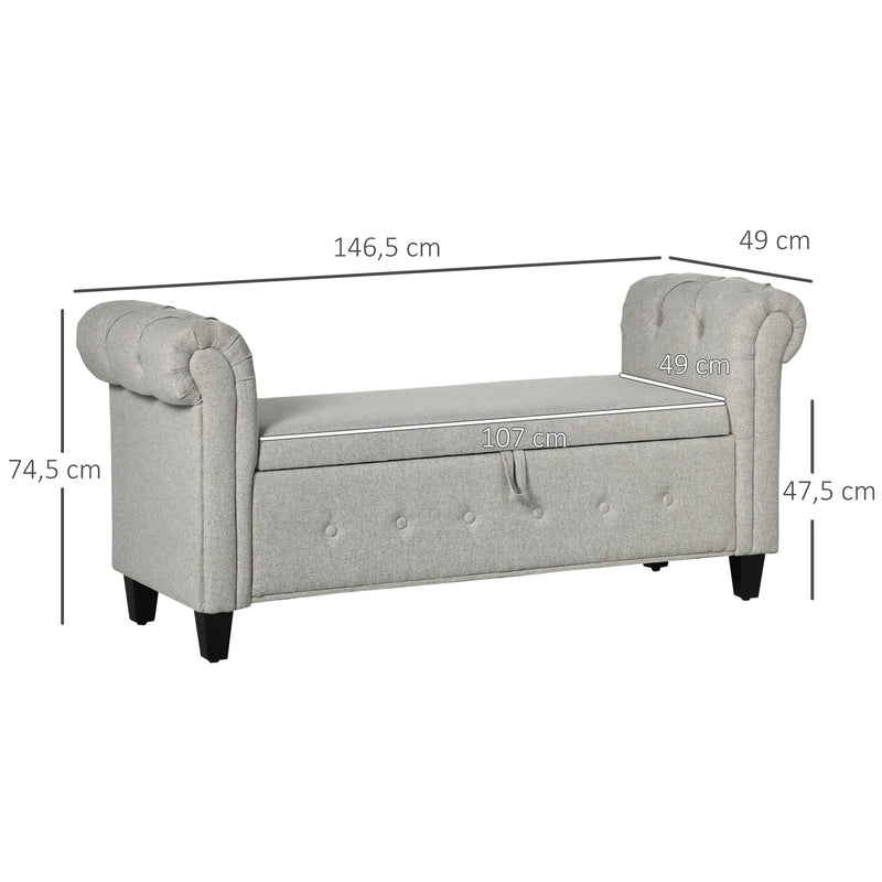 Banco de Pé de Cama Banco de Armazenamento de Linho com Dobradiças na Tampa Pés de Madeira e Apoio para os Braços para Dormitórios Sala de Estar Corredor Carga 150kg 146,5x49x74,5cm Cinza Claro