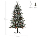 Árvore de Natal Artificial 150cm com 440 Ramas 39 Pinhas e 39 Frutinhas Folhas de PVC PE Base Dobrável e Suporte Metálico Decoração de Natal para Interiores Verde