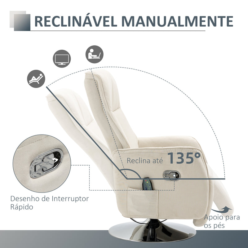 Poltrona de Massagem Elétrica com Apoio para os Pés Poltrona Relax Giratória Reclinável até 135° com Controlo Remoto 10 Pontos de Massagem e Bolso Lateral 68,5x84x110cm Creme