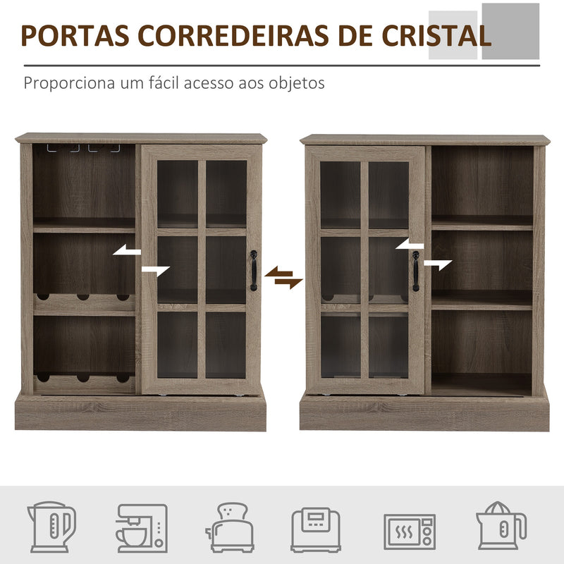 Aparador de Cozinha Moderno com Porta de Vidro Suporte para 6 Taças e Suporte para até 6 Garrafas Móvel Auxiliar de Armazenamento para Sala de Jantar Sala de Estar 79x39x92cm Marrom