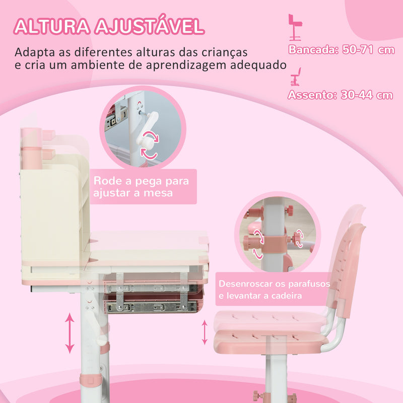 Conjunto de Secretária e Cadeira para Crianças acima de 3 Anos com Altura Ajustável Secretária Infantil com Bancada Inclinável Gaveta e Prateleira para Livros 80x52x88x109cm e 35,5x44,5x66-80cm Rosa