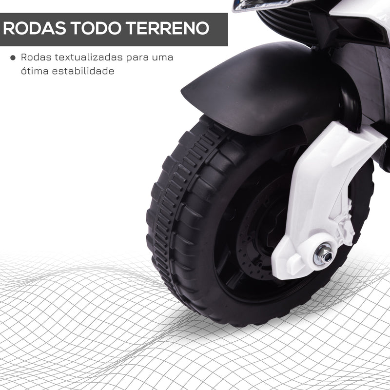 Moto Elétrica para Crianças a partir de 18 Meses 6V com Faróis Buzina 2 Rodas de Equilibrio Velocidade Máx. de 3km/h Motocicleta de Brinquedo 88,5x42,5x49cm Branco