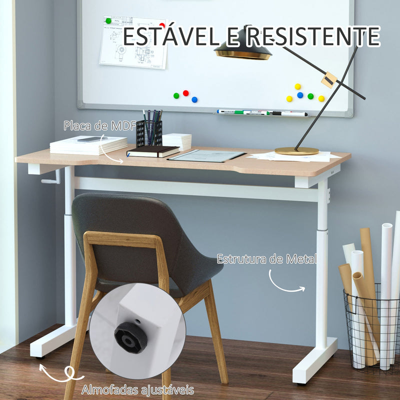 Secretária de Pé com Altura Ajustável a Manivela e Bancada de Carbono Secretária Elevatória para Escritório Estúdio Sala de Estar Carga Máxima 150kg 120x60x72-117cm Madeira e Branco