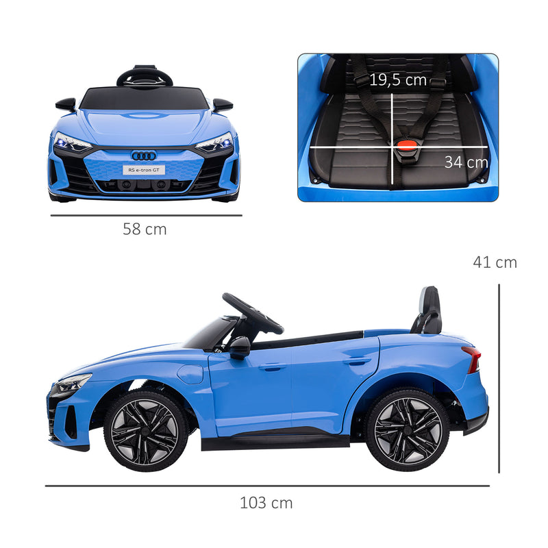 Carro Elétrico AUDI RS E-Tron GT para Crianças de 3-6 Anos Carro de Bateria 12V com 2 Motores Controlo Remoto Faróis LED Buzina Música USB e Abertura de Porta 3-5km/h 103x58x41cm Azul