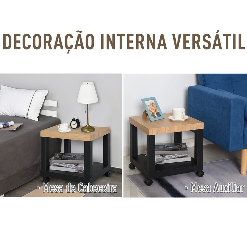 Mesa de Apoio para sofá mesa lateral com prateleira aberta, rodas e freios 40x40x40 Preto e Madeira