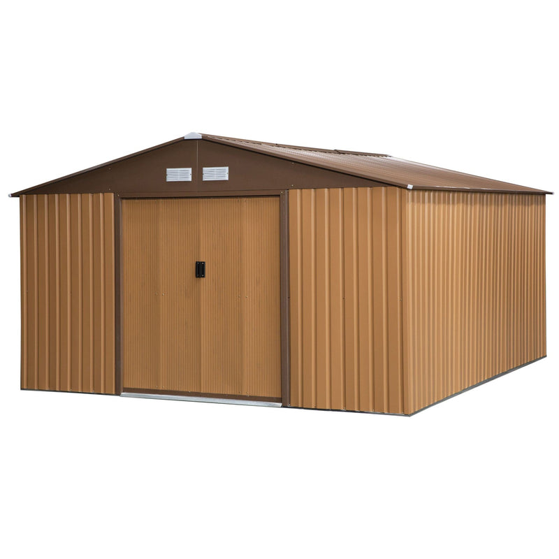 Abrigo de Jardim Metálico 340x386x200cm Abrigo de Exterior para Armazenamento de Ferramentas com Base Incluida 4 Janelas de Ventilação e Porta Corredeira Marrom