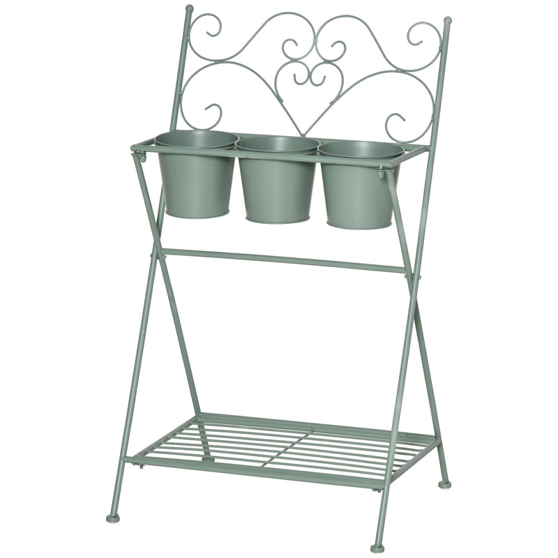 Suporte de Metal para Plantas Dobrável com 3 Vasos Incluidos e Prateleira Inferior Suporte para Vasos de Flores Decorativo para Interior e Exterior 47x37x78,5cm Verde