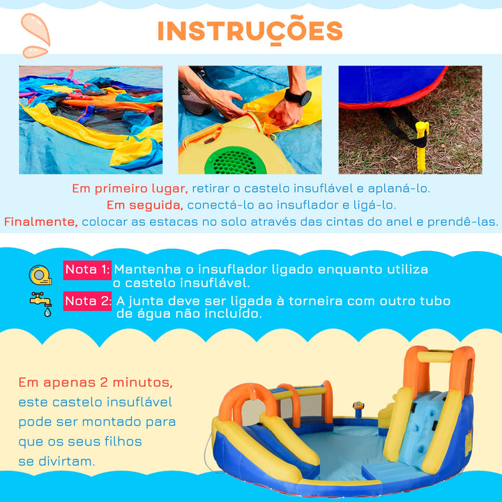 Castelo Insuflável com Escorrega Castelo para Crianças de 3-8 Anos com Cesta de Basquetebol Piscina Insuflador de 750W e Bolsa de Transporte 435x435x200cm Multicolorido