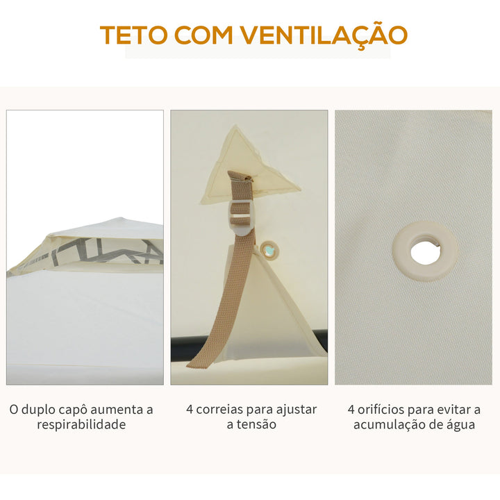 Pérgola de Jardim 3x3m Pérgola de Exterior com Duplo Teto de Ventilação 4 Cortinas Laterais 4 Orifícios de Drenagem e 4 Telas Mosquiteiras com Zíper para Festas Pátio Creme