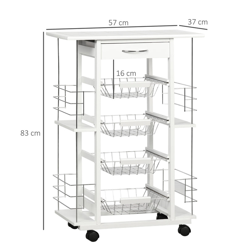 Carrinho de Cozinha com Rodas Carrinho de Cozinha com Bancada Gaveta 4 Cestas de Metal e 4 Suportes para Temperos Laterais para Cozinha 57x37x83cm Branco