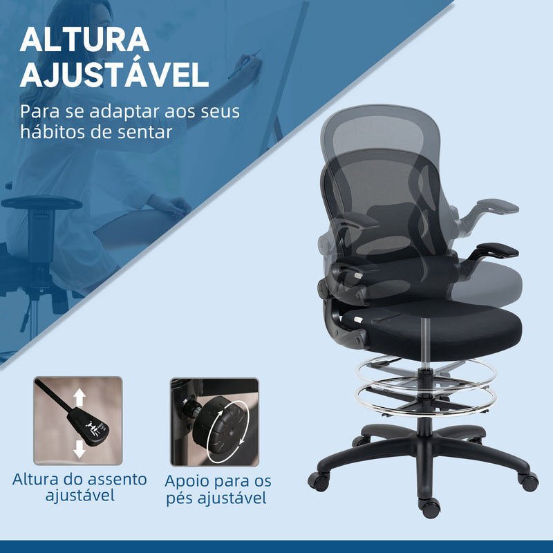 Cadeira de Escritório com Encosto Médio Suporte Lombar Apoio para os Braços Dobrável e Altura Ajustável Carga Máxima 120kg 59x65x110-130cm Preto