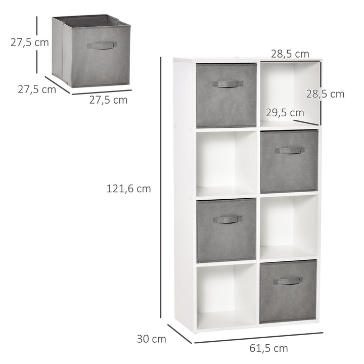 Estante para Livros de 8 Cubos Estante Modular com 4 Cestos Removíveis de TNT para Escritório Estúdio Dormitório 61,5x30x121,6cm Branco e Cinza