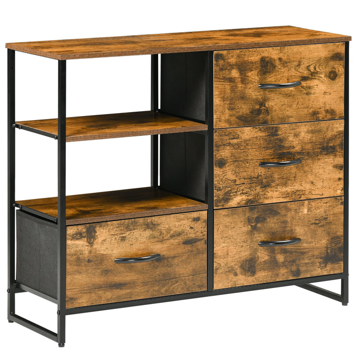 Cómoda com 4 Gavetas de Tecido Dobrável e 2 Prateleiras Abertas Armário de Armazenamento para Escritório Dormitório Estilo Industrial Anti-Tombo 84x30x71,4cm Marrom Rústico
