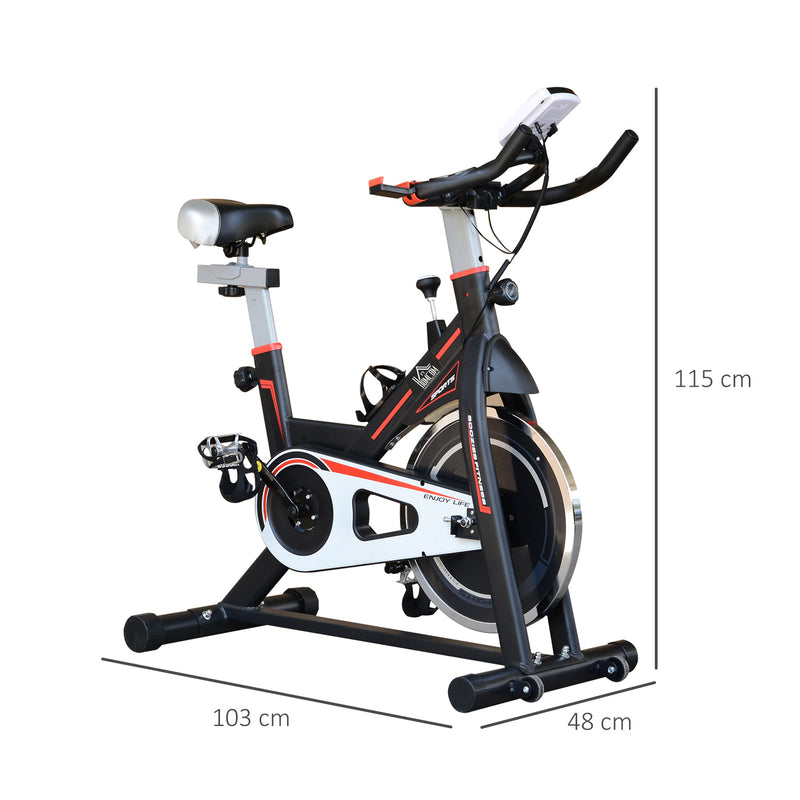 Bicicleta Estática com Resistência Ajustável Bicicleta Fitness com Volante de Inércia de 8kg Ecrã LCD Assento e Guiador Ajustáveis Suporte para Tablet 103x48x115cm Preto