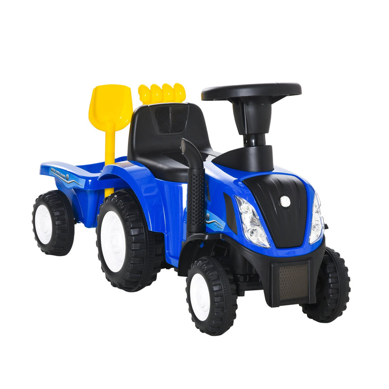 Trator para Crianças de 12-36 Meses com Reboque Removível Carro Andador com Buzina Farol Pá e Ancinho Carga 25kg 91x29x44cm Azul