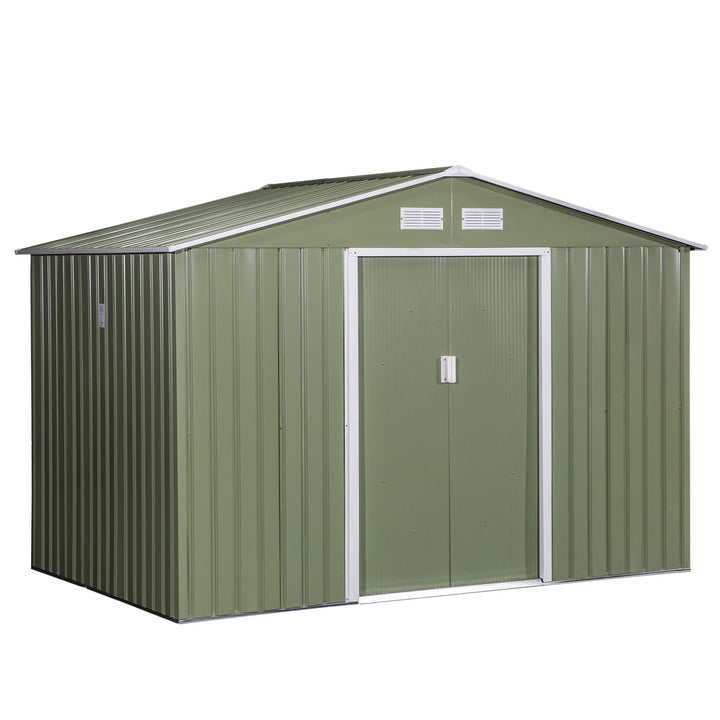 Abrigo de Jardim Exterior Abrigo e Jardim Metálico para Armazenamento de Ferramentas com Base Incluída e 4 Janelas 5,2 m² 277x195x192cm Verde Claro