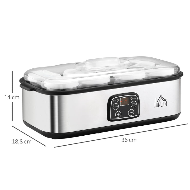 Iogurteira 30W Volume 1,44L com 8 Frascos de Cristal de 180ml Termostato Ajustável Temporizador de 1-48 Horas e Desligado Automático 36x18,8x14cm Prata