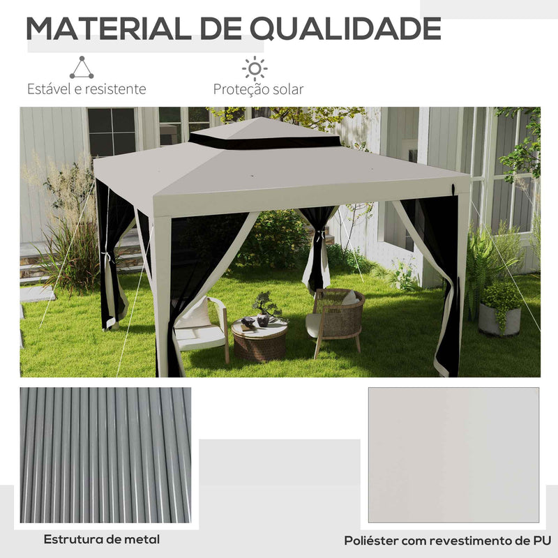 Pérgola de Jardim 297x297cm Pérgola com 4 Mosquiteiras Teto Duplo 8 Orifícios de Drenagem e Estrutura de Metal para Pátio Exterior Creme