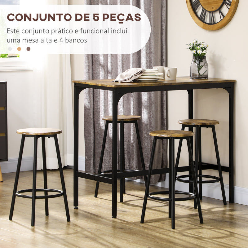 Conjunto de Móveis Altos Mesa e Cadeiras de Bar com 5 Peças Mesa de Refeição Industrial e 4 Bancos Redondos com Estrutura de Metal para Pub Sala de Jantar Marrom Rústico e Preto