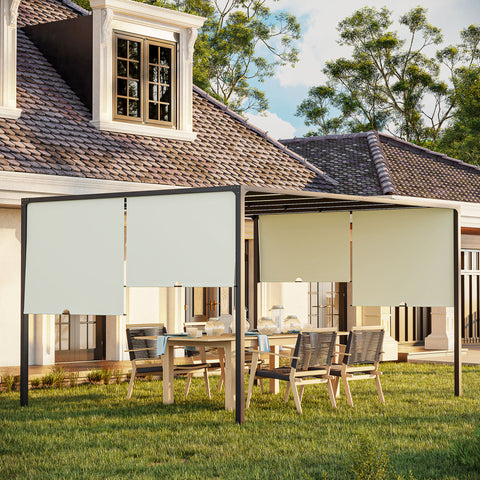 Pérgola de Jardim 297x397x220 cm com Teto Retrátil Pérgola com Luzes LED Energia Solar Estrutura de Aço Pérgola para Pátio Exterior Creme
