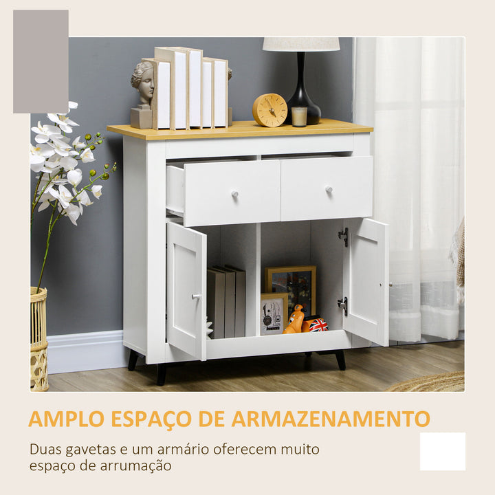 Aparador de Cozinha Móvel Auxiliar de Sala de Estar Moderno com Portas Dupla e 2 Gavetas para Sala de Estar Entrada Escritório 78x35x80 cm Branco e Madeira
