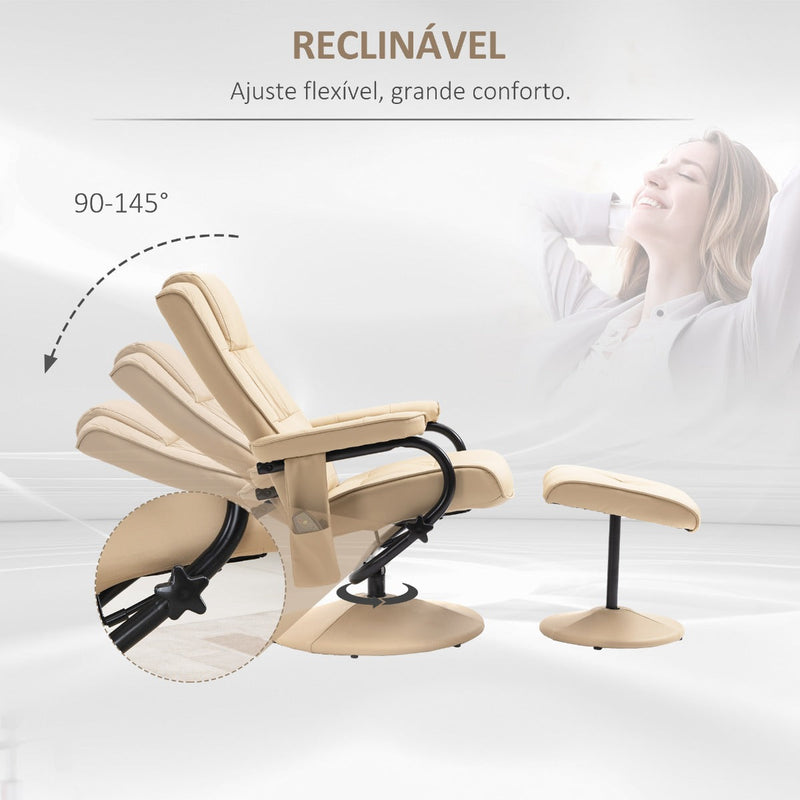 Poltrona de Massagem Elétrica com Banco para Apoiar os Pés Poltrona Relax Giratório Reclinável em até 145° com Controle Remoto e 10 Zonas de Massagem Estofado em PU 77x84x95cm Bege