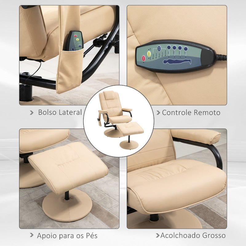 Poltrona de Massagem Elétrica com Banco para Apoiar os Pés Poltrona Relax Giratório Reclinável em até 145° com Controle Remoto e 10 Zonas de Massagem Estofado em PU 77x84x95cm Bege