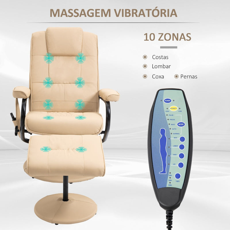 Poltrona de Massagem Elétrica com Banco para Apoiar os Pés Poltrona Relax Giratório Reclinável em até 145° com Controle Remoto e 10 Zonas de Massagem Estofado em PU 77x84x95cm Bege