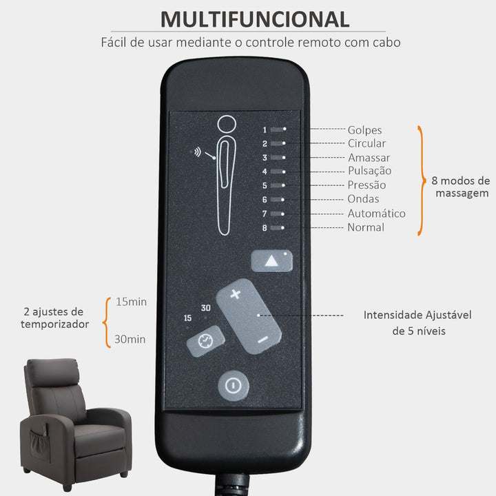Poltrona de Massagem Poltrona Relax Reinclinável com Controle Remoto 2 Zonas de Massagem 8 Programas 5 Níveis de Intensidade Estofado em PU 68x88x98cm Marrom