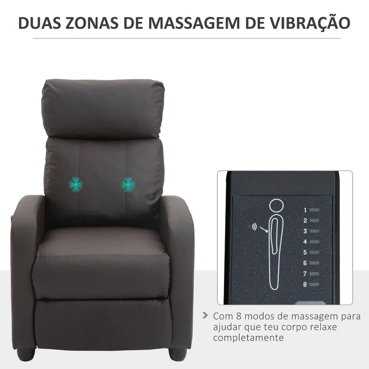 Poltrona de Massagem Poltrona Relax Reinclinável com Controle Remoto 2 Zonas de Massagem 8 Programas 5 Níveis de Intensidade Estofado em PU 68x88x98cm Marrom